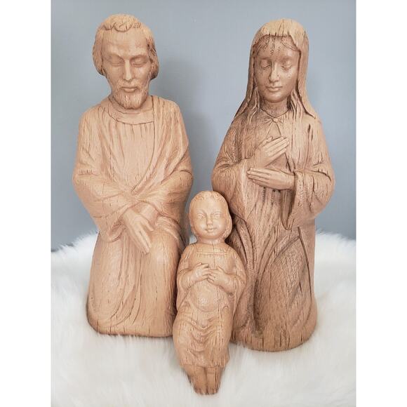 READ Vintage 3 Set Christmas Nativity Blow Mold Empire Plastic Wood Grain 18"
